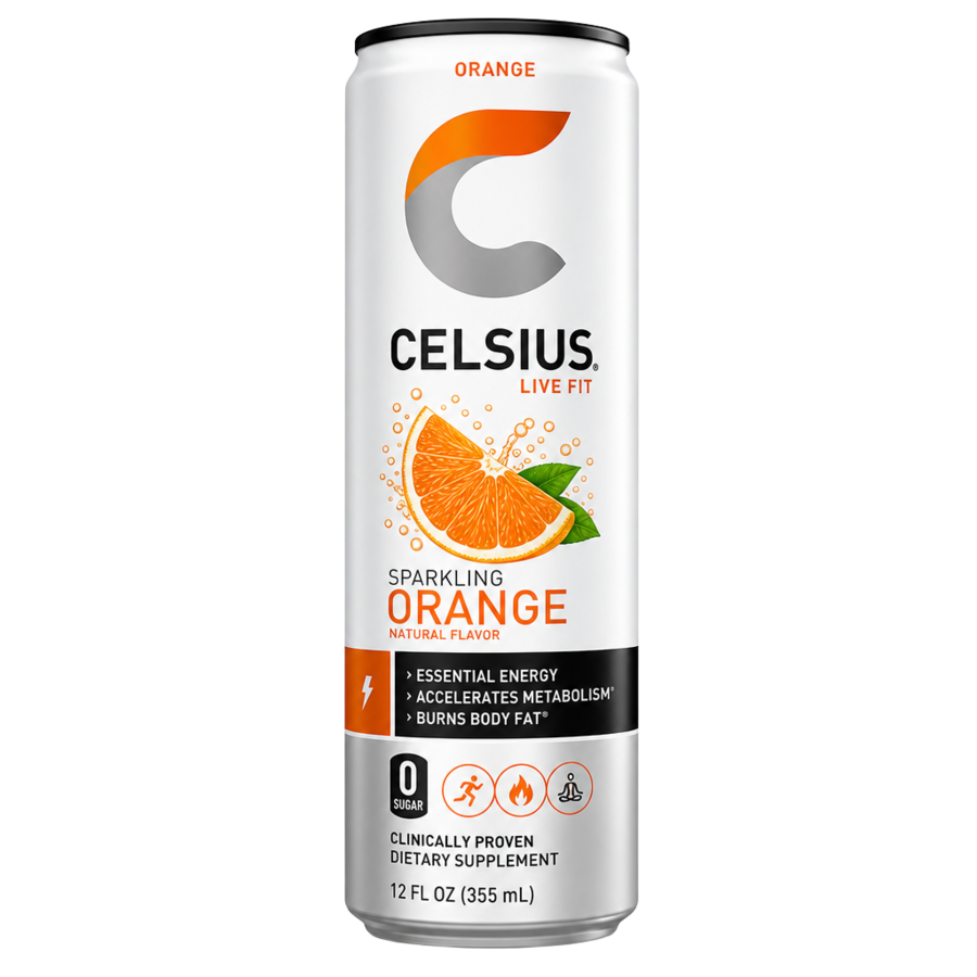 Celsius Sparkling Orange — available in Julian's Vending machines