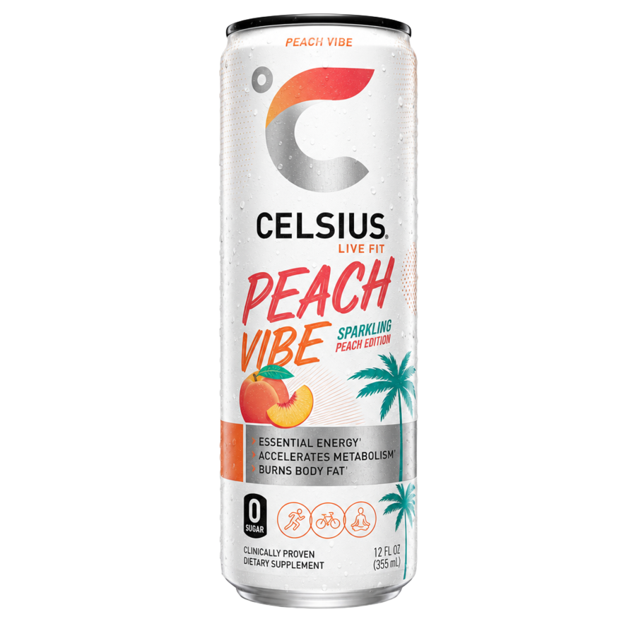 Celsius Peach Vibe — available in Julian's Vending machines