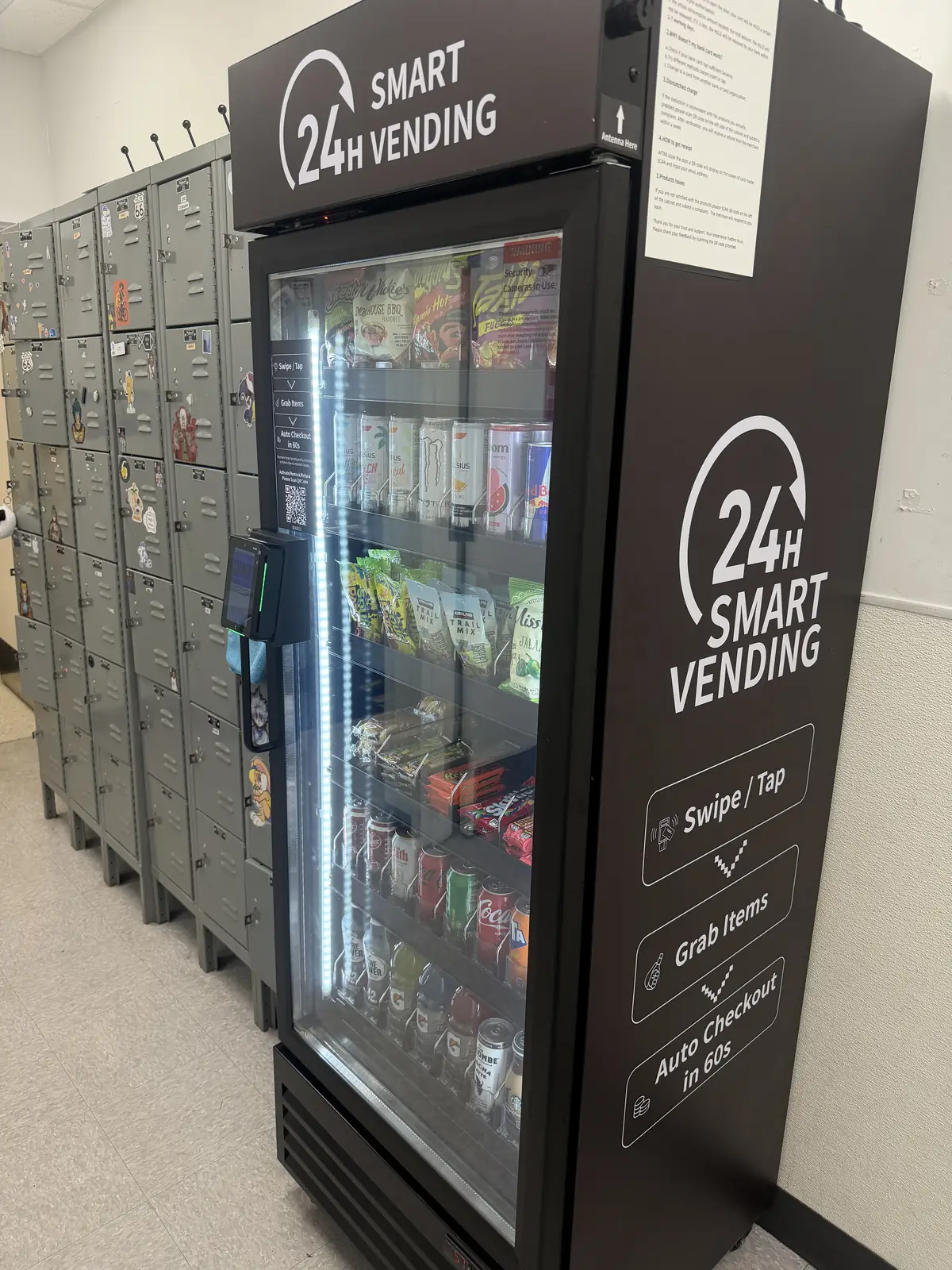Julian's Vending smart cooler installed beside lockers in a San Diego break room.